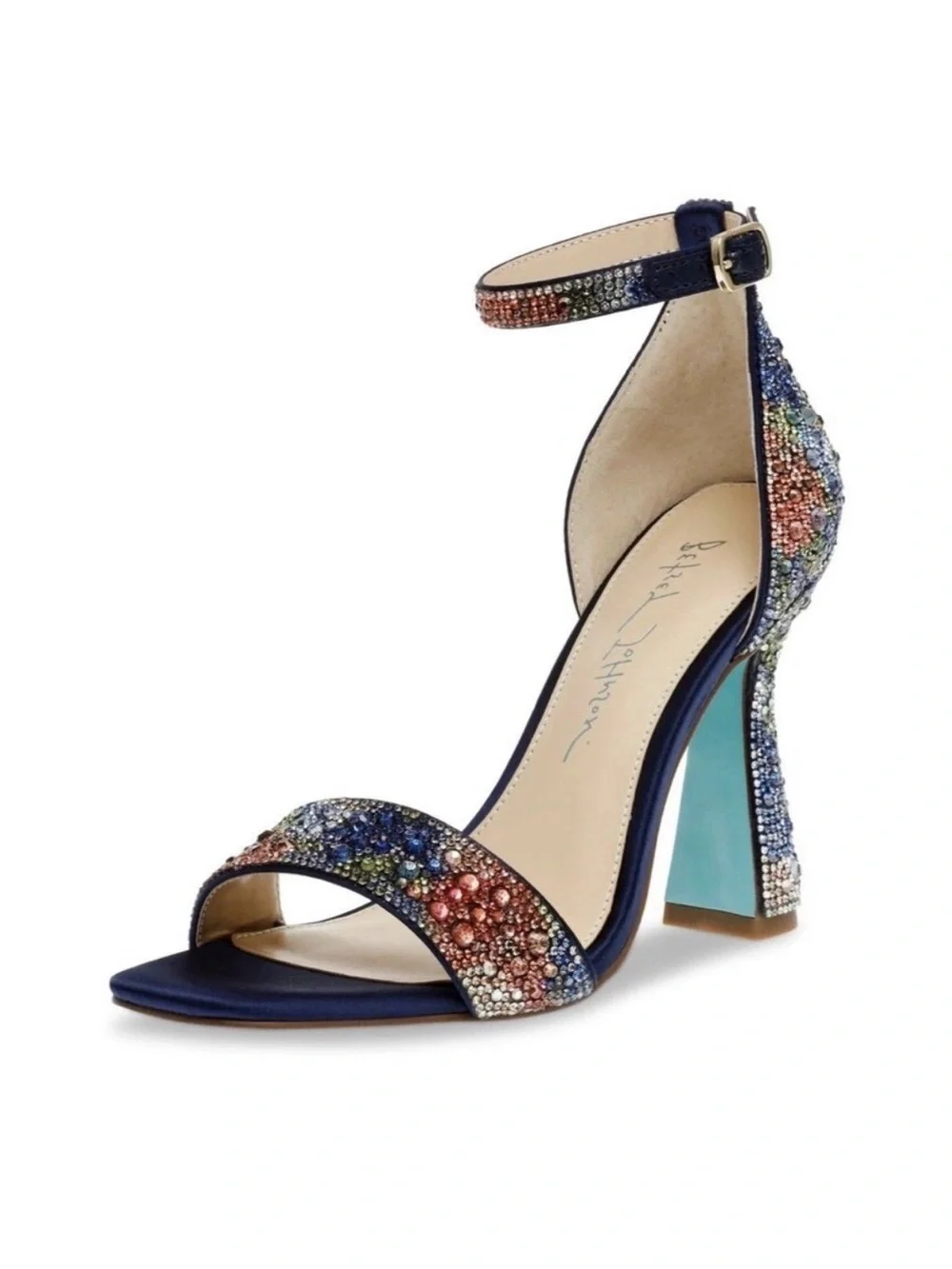 Betsey Johnson Navy Satin Multi-Crystal Ankle Strap Block Heel